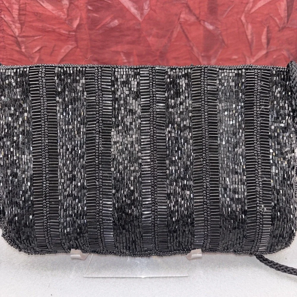 Vintage Andre Cellini Black Bugle Beaded Evening Bag Corded Shoulder Strap EUC